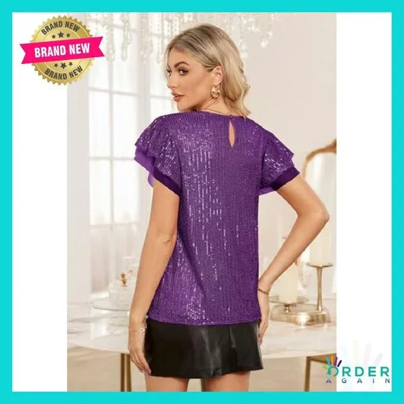 Sparkly Sequin Blouse Elegant Party Top Ruffle Sleeve Glitter Chic Y2K
